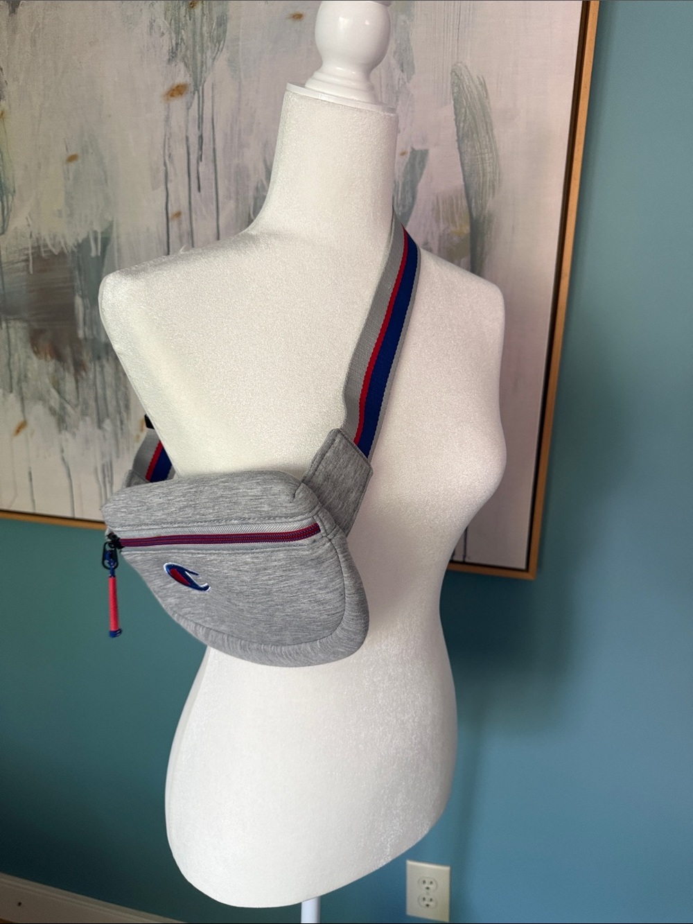Champion Gray Fanny Pack Waist Sling Bag Red Blue Stripe Y2K